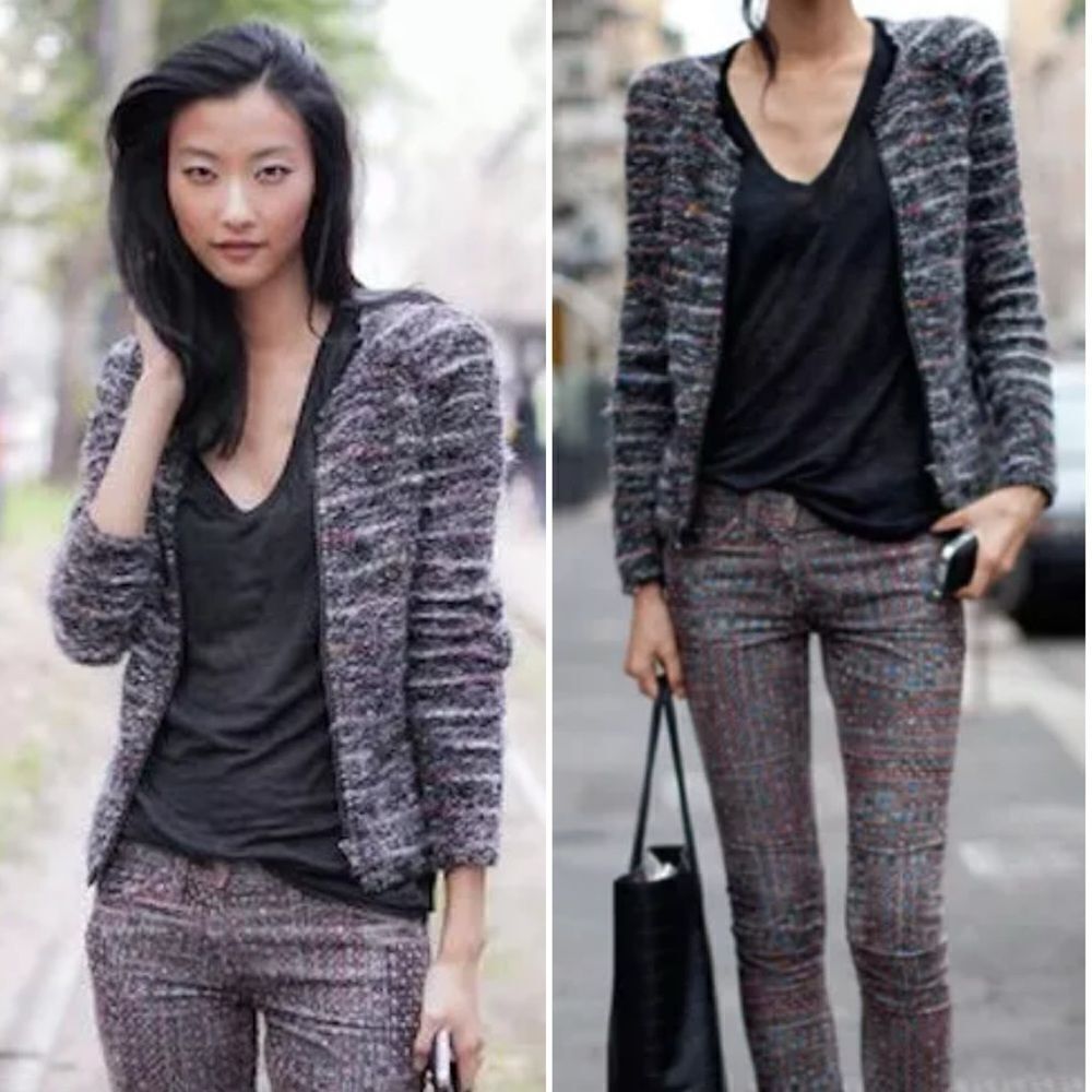Isabel Marant Monty Wool Alpaca Black Varsity Jacket  Striped Tweed Size M